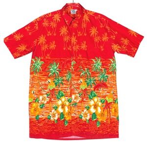 Cabali Mens Red Tropical Parrot Palm Tree Hibiscus Hawaiian‎ Button Down Shirt L
